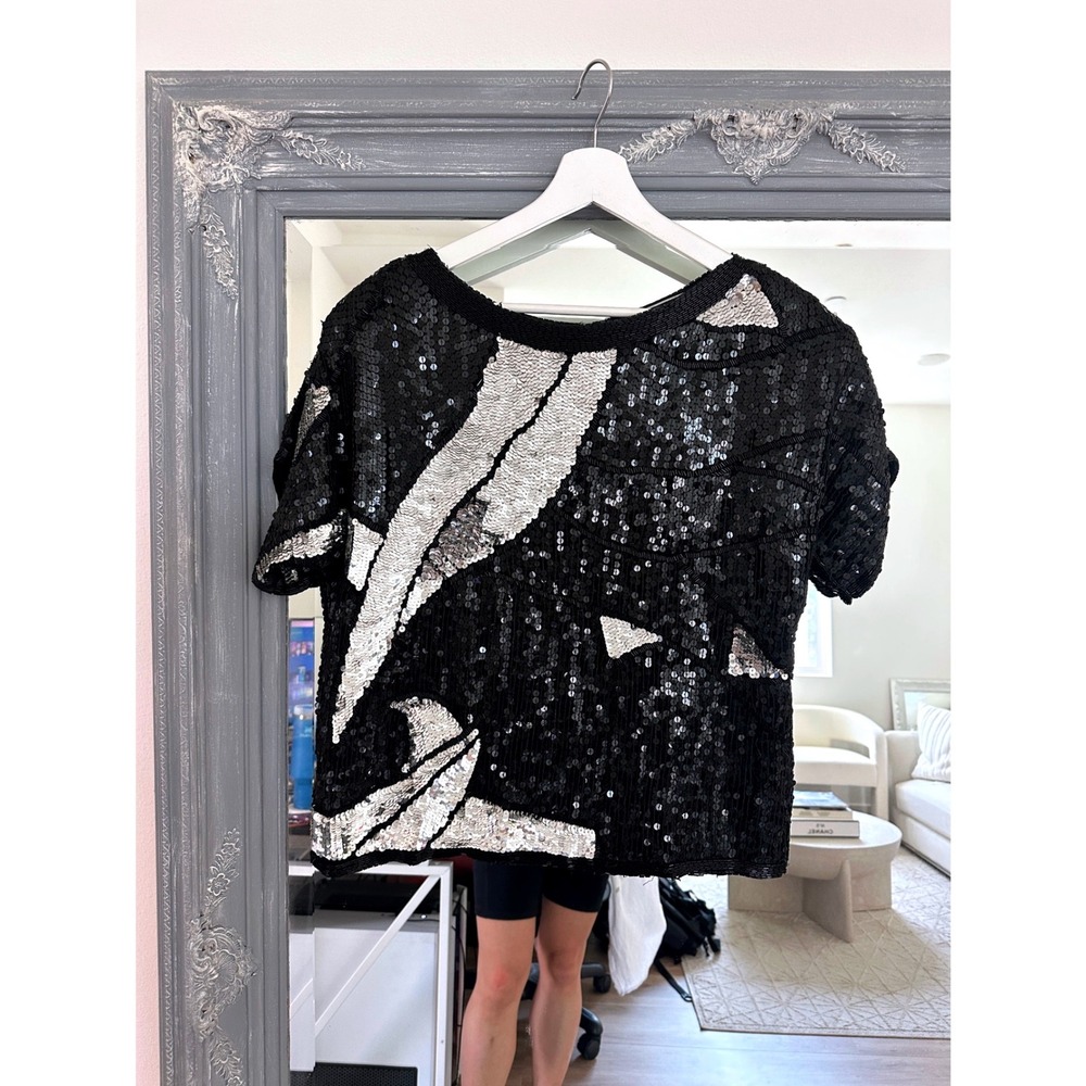 J.L.B. Vintage 80s 100% Silk Sequin Beaded Blouse Abstract Top Black Silver M